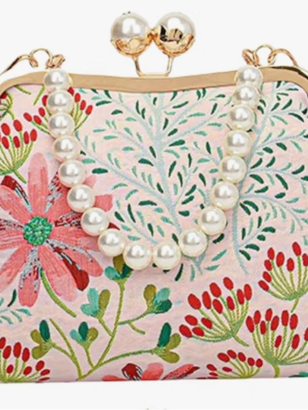 Floral Pearl-Handle Pink Shoulder Bag